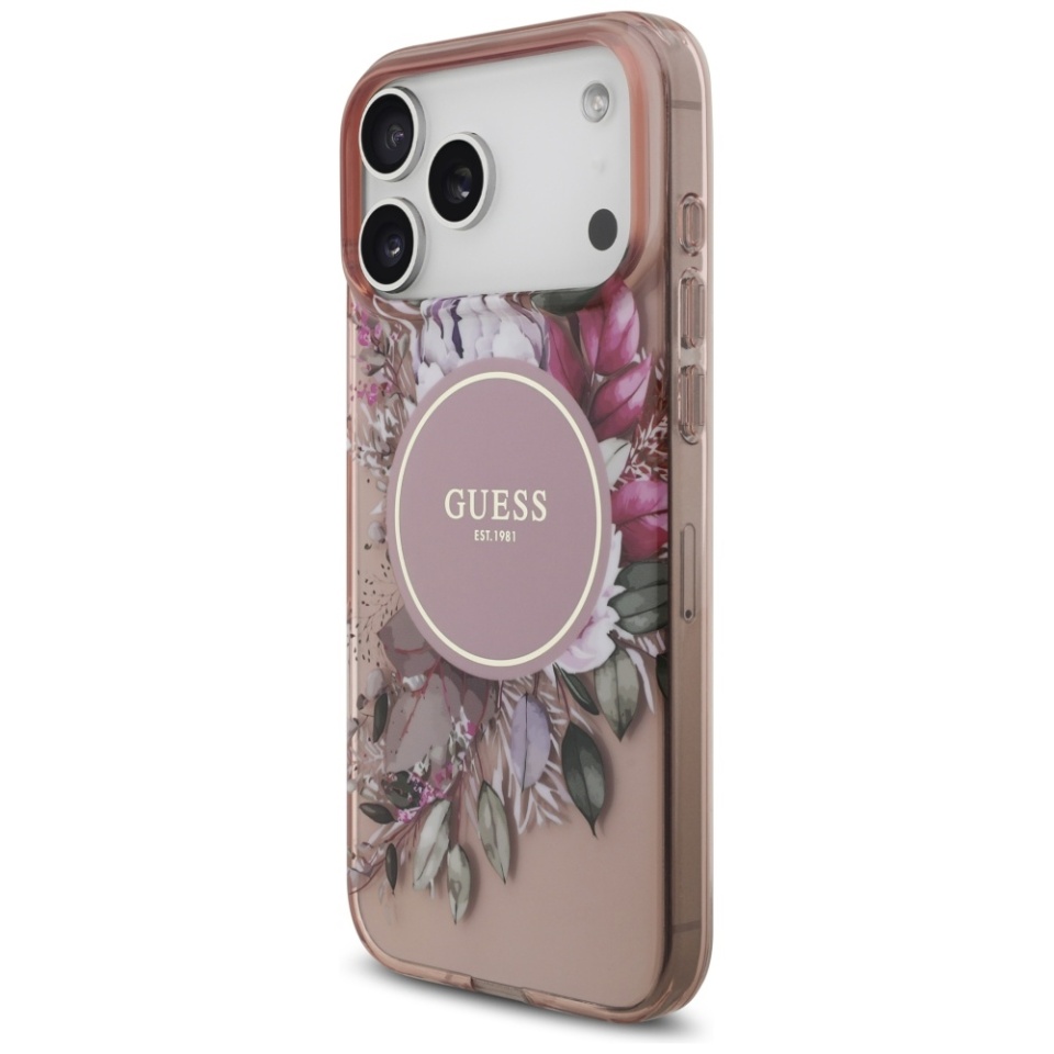 Husa pentru iPhone 17 Pro Max, IML Flowers with Pearl Strap MagSafe, Guess - Roz - 1 | YEO