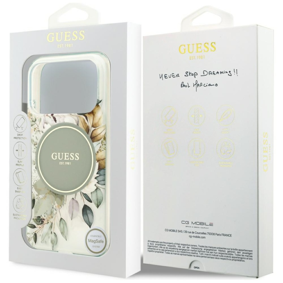 Husa pentru iPhone 17 Pro Max, IML Flowers with Pearl Strap MagSafe, Guess - Verde - 7