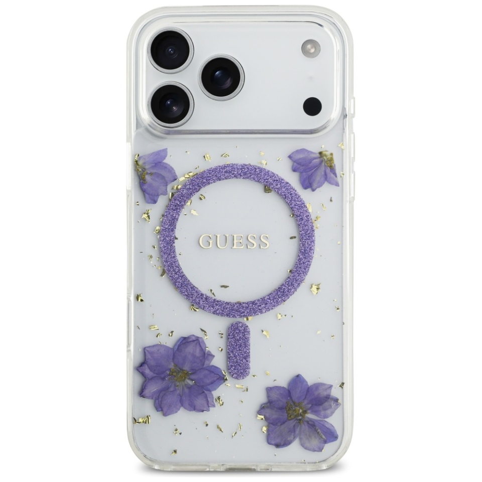 Husa pentru iPhone 17 Pro Max, Resin Flowers and Glitter MagSafe, Guess - Mov - 1 | YEO