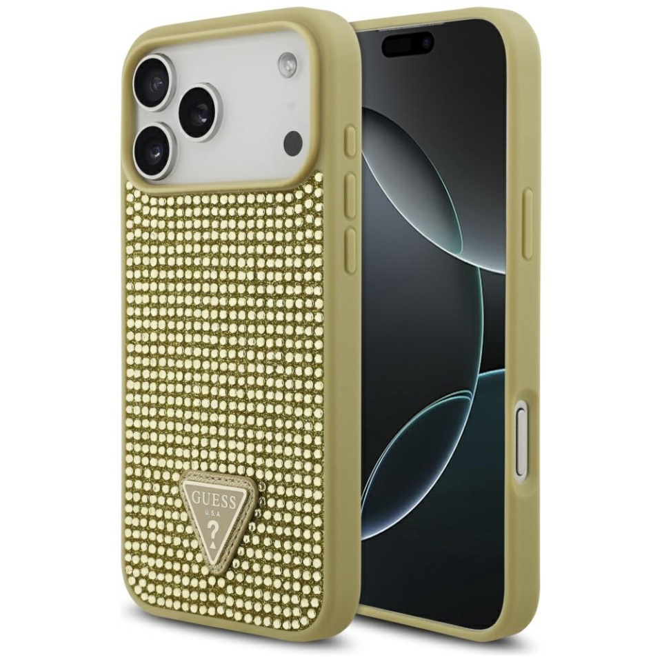 Husa pentru iPhone 17 Pro Max, Rhinestone Triangle, Guess, Auriu