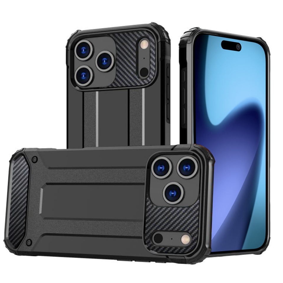 Husa pentru iPhone 17 Pro Max, SKYDDAR INNOVATION, Hybrid Armor, din Plastic Dur, Margini Cauciucate, Antisoc, Negru, set cu sticker