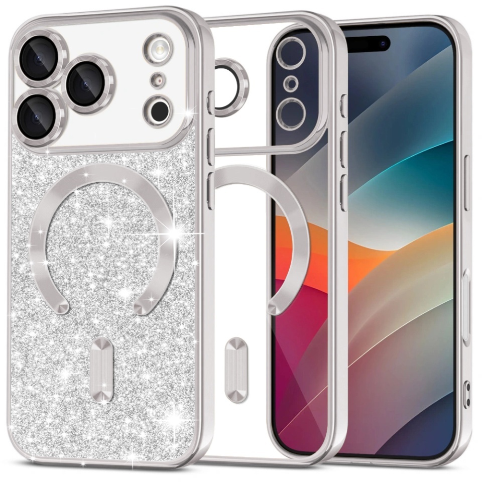 Husa pentru iPhone 17 Pro Max, SKYDDAR INNOVATION, Luxury Glitter Magsafe, Antisoc, Fundal Detasabil 2-in-1, Margini Ridicate, set cu sticker, Argintiu