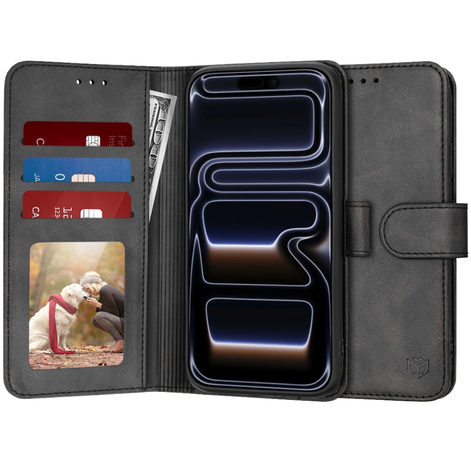 Husa pentru iPhone 17 Pro, SKYDDAR INNOVATION, Diary Book, tip carte, cu Portofel Interior, Antisoc, Negru, set cu sticker