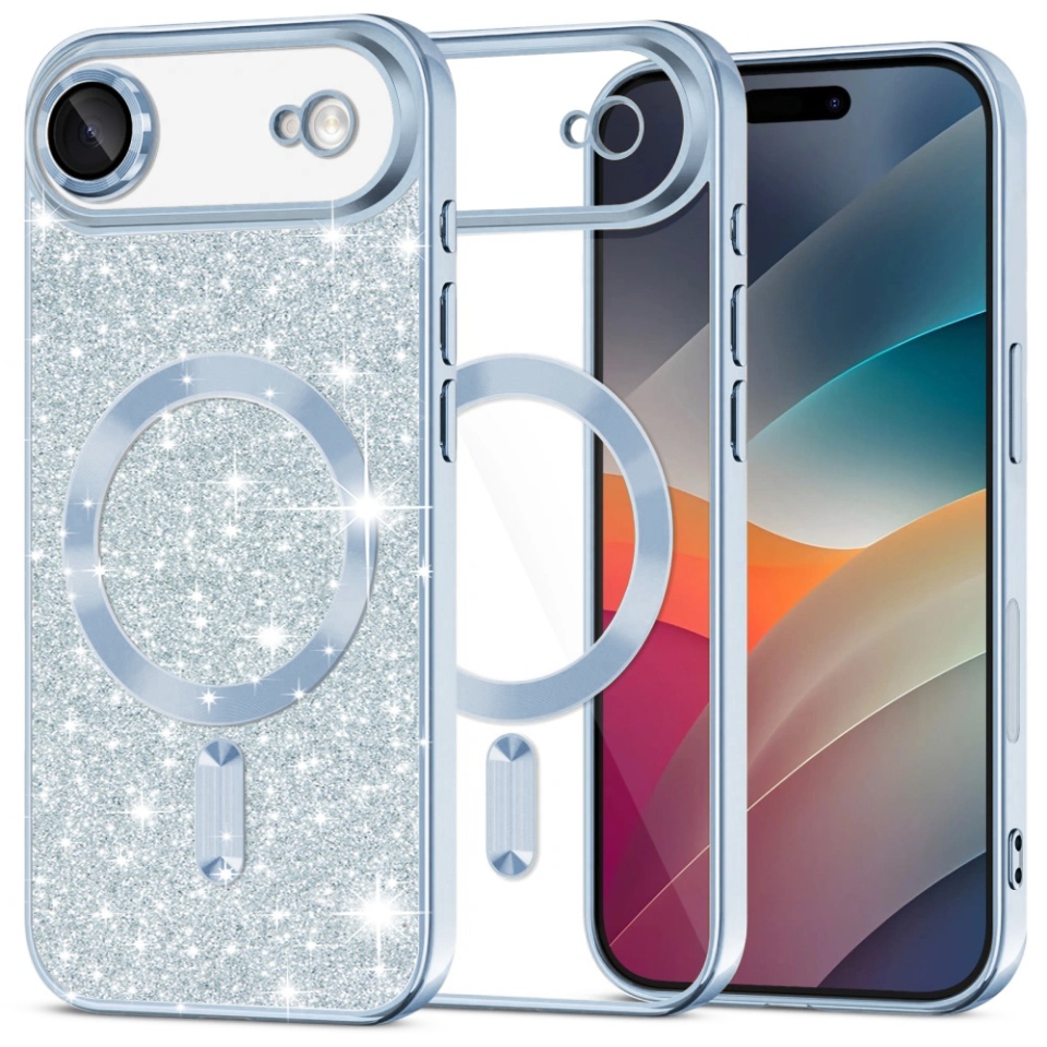 Husa pentru iPhone Air, SKYDDAR INNOVATION, Luxury Glitter Magsafe, Antisoc, Fundal Detasabil 2-in-1, Margini Ridicate, set cu sticker, Bleu