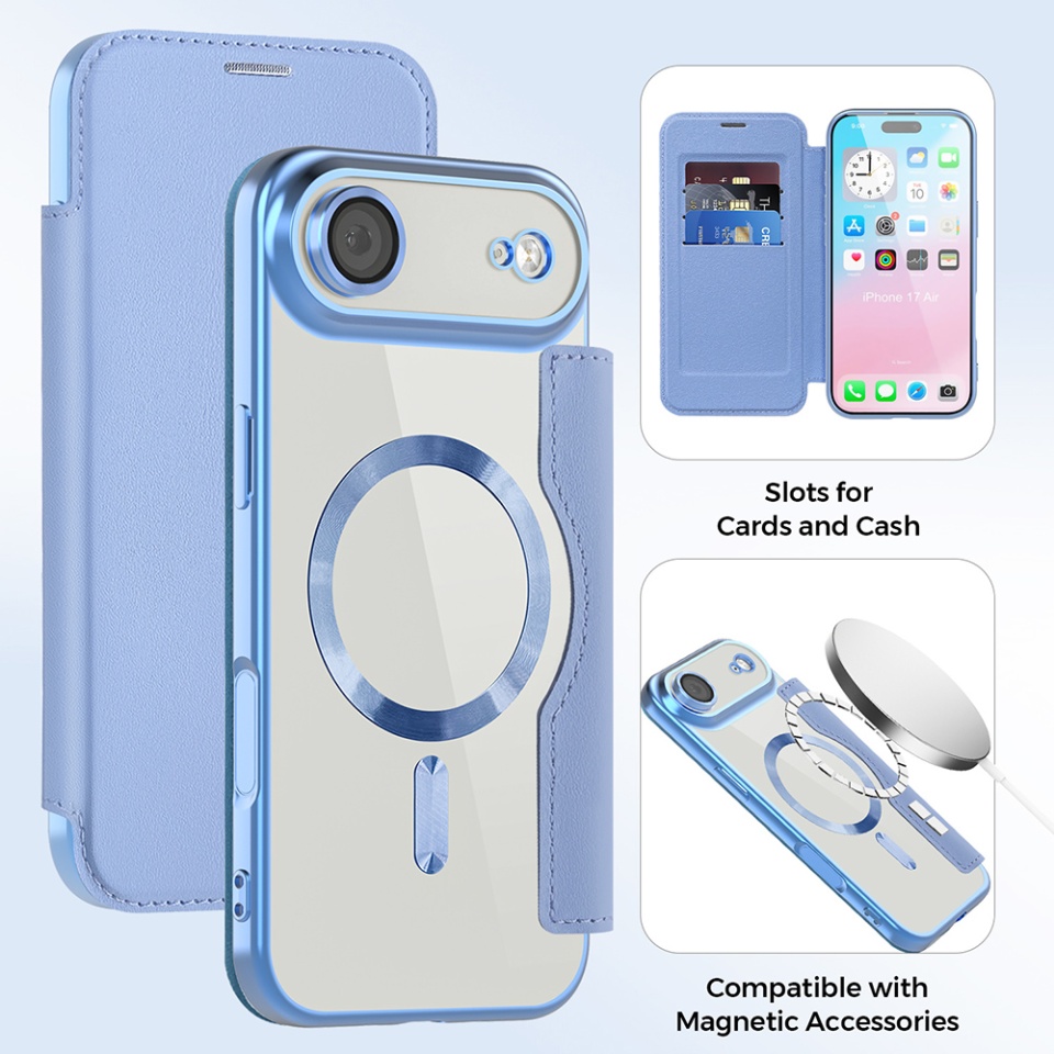 Husa pentru iPhone Air tip carte, SKYDDAR INOVATION, SmartMag Book, Magsafe, RFiD, Suport Carduri, set cu sticker, Bleu - 2 | YEO