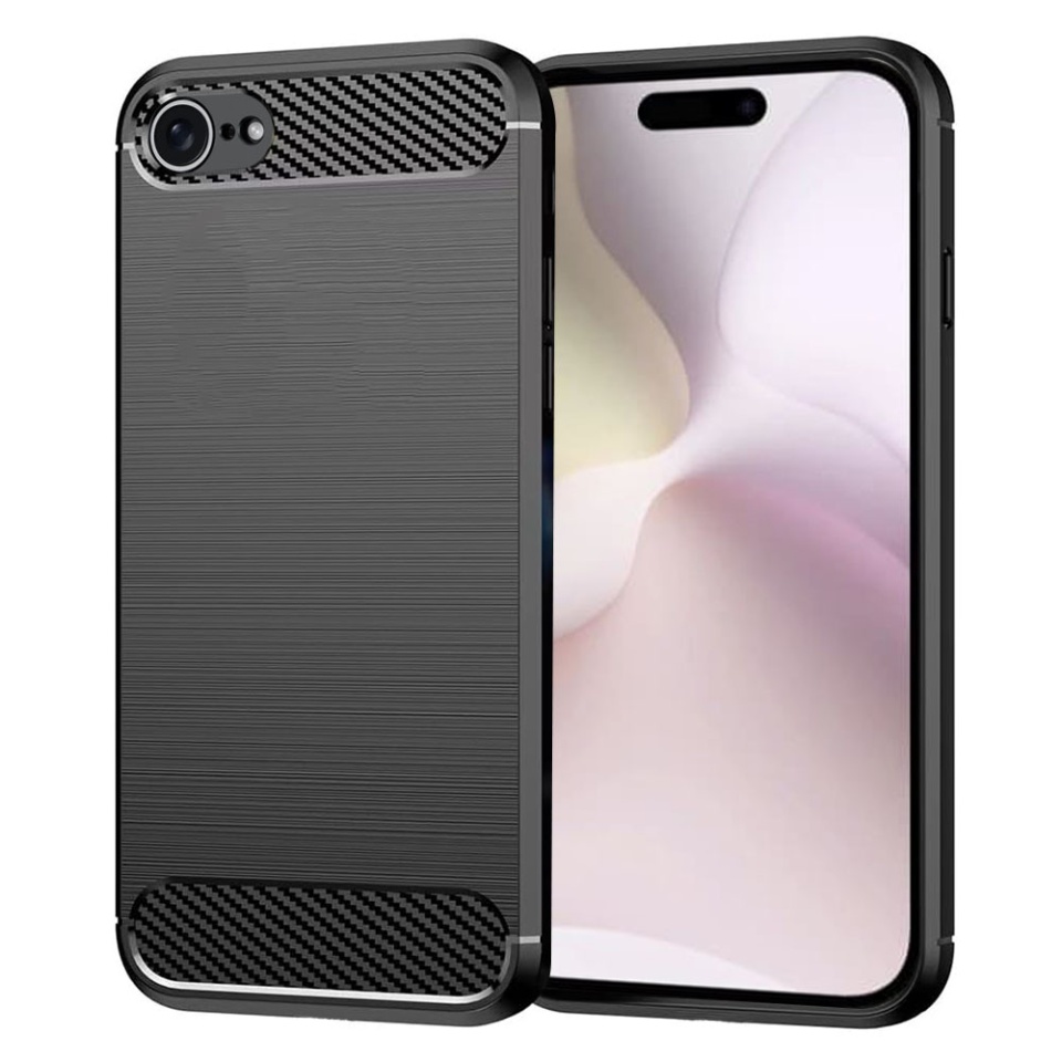 Husa pentru iPhone SE 4 2024 din Silicon Premium, Slim, cu textura Fibra Carbon - Negru