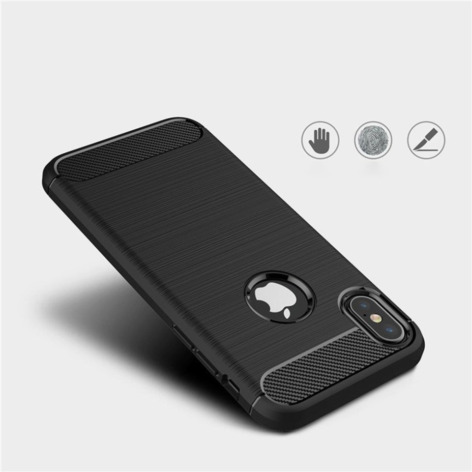 Husa pentru iPhone X, iPhone 10 / XS, SKYDDAR INNOVATION, Carbon Silicone, din Silicon Slim, cu textura Fibra Carbon, set cu sticker, Negru - 1 | YEO
