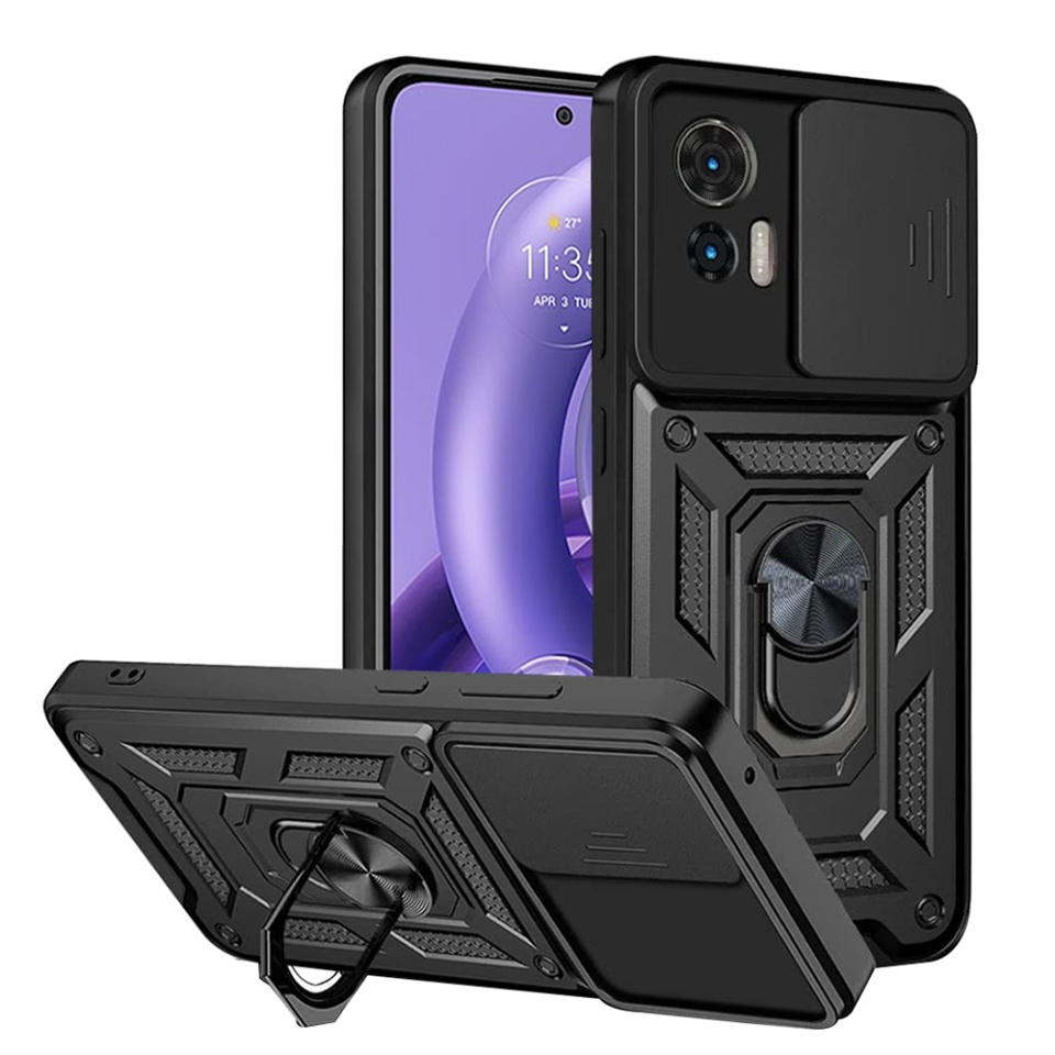 Husa pentru Motorola Edge 30 Neo, SKYDDAR INNOVATION, CamShield, Inel magnetic, set cu sticker, Negru