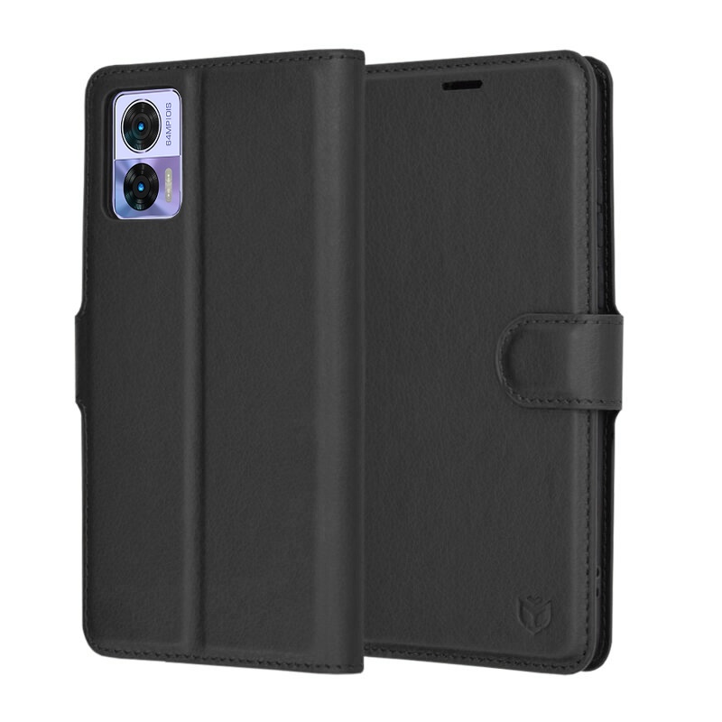 Husa pentru Motorola Edge 30 Neo, SKYDDAR INNOVATION, Leather Folio tip Carte, cu Portofel Interior, Finisaje Premium, set cu sticker, Negru