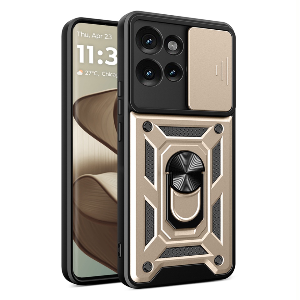 Husa pentru Motorola Edge 50 Fusion, SKYDDAR INNOVATION, CamShield, Inel magnetic, set cu sticker, Auriu