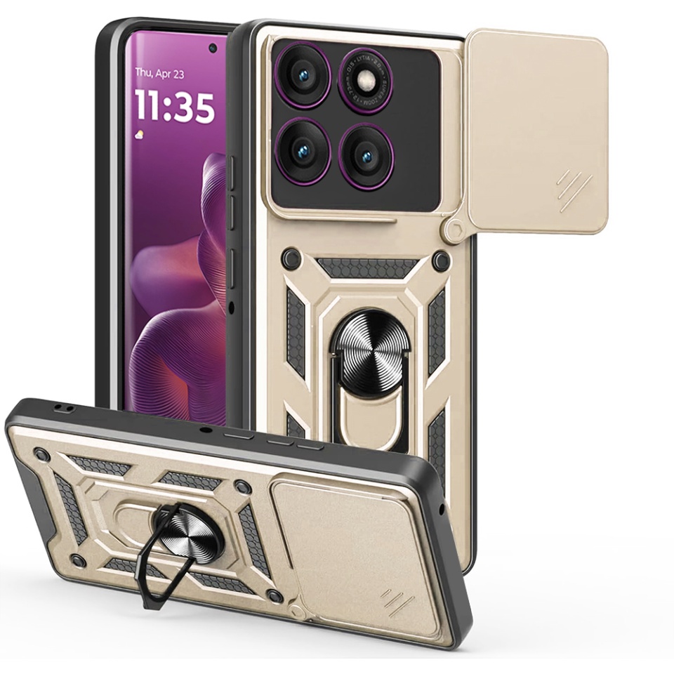 Husa pentru Motorola Edge 60 Pro, SKYDDAR INNOVATION, CamShield, Inel magnetic, set cu sticker, Auriu