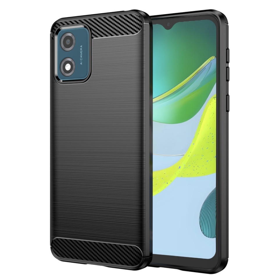 Husa pentru Motorola Moto E13, SKYDDAR INNOVATION, Carbon Silicone, din Silicon Slim, cu textura Fibra Carbon, set cu sticker, Negru