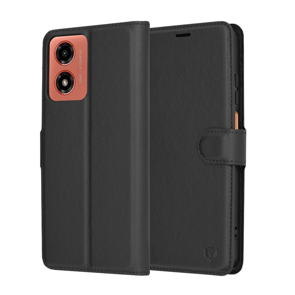Husa pentru Motorola Moto G04 / Moto G24 / Moto G04s / Moto E14, SKYDDAR INNOVATION, Leather Folio tip Carte, cu Portofel Interior, Finisaje Premium, set cu sticker, Negru