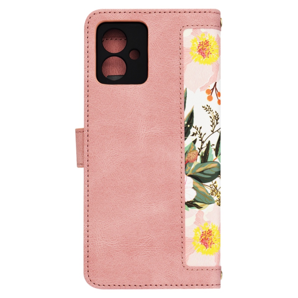Husa pentru Motorola Moto G14 din Piele Ecologică cu Design Floral, Protecție 360°, Stand Integrat, Buzunare pentru Carduri, SKDR Floral Wallet - Roz - 3 | YEO