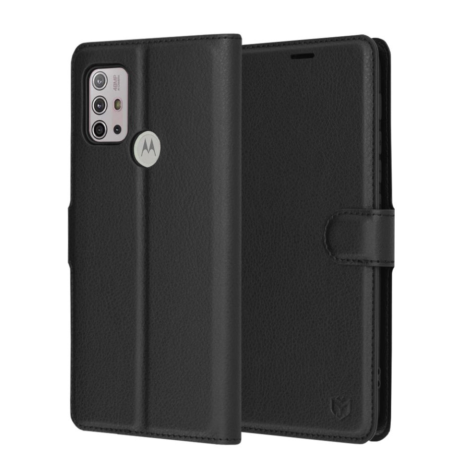 Husa pentru Motorola Moto G30 / Moto G10 / Moto G20, SKYDDAR INNOVATION, Leather Folio tip Carte, cu Portofel Interior, Finisaje Premium, set cu sticker, Negru