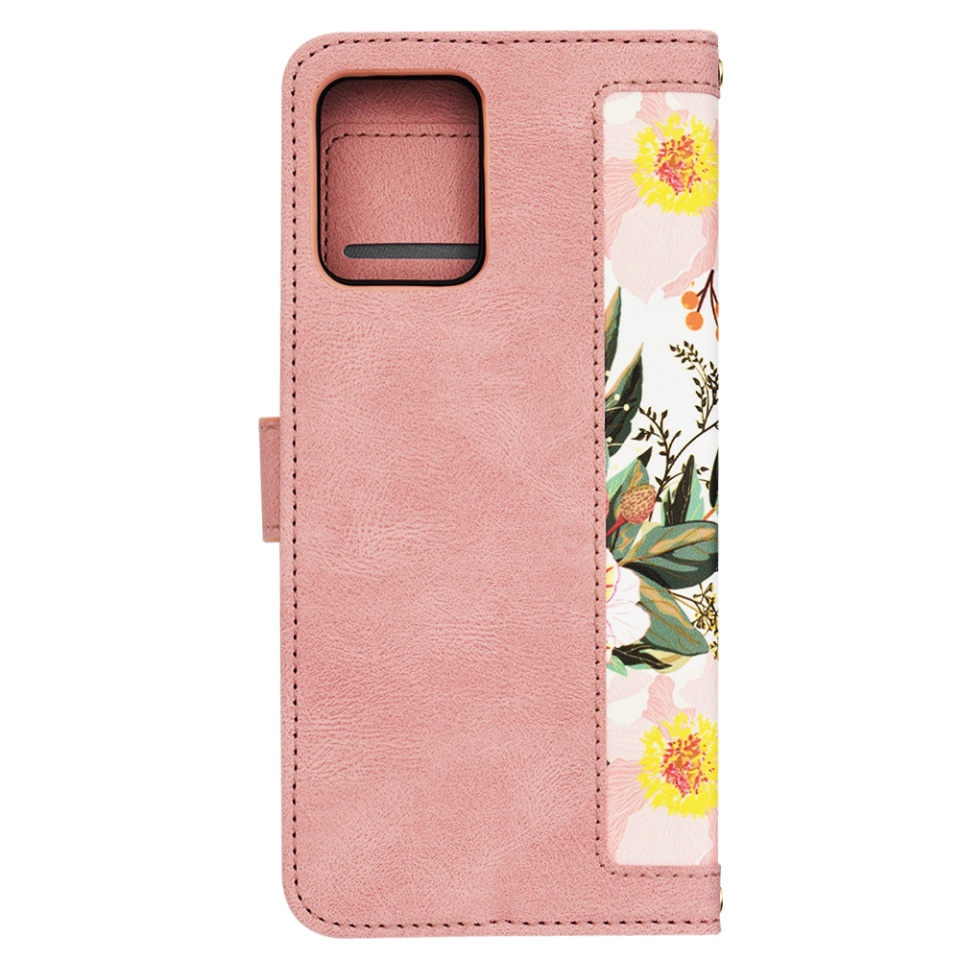 Husa pentru Motorola Moto G53 / Moto G23 / Moto G13 din Piele Ecologică cu Design Floral, Protecție 360°, Stand Integrat, Buzunare pentru Carduri, SKDR Floral Wallet - Roz - 3 | YEO