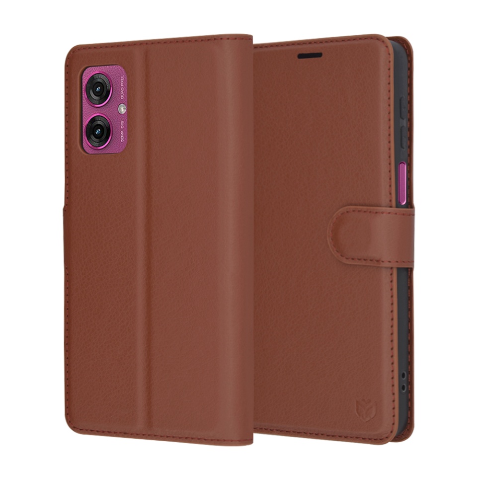 Husa pentru Motorola Moto G55, SKYDDAR INNOVATION, Leather Folio tip Carte, cu Portofel Interior, Finisaje Premium, set cu sticker, Maro