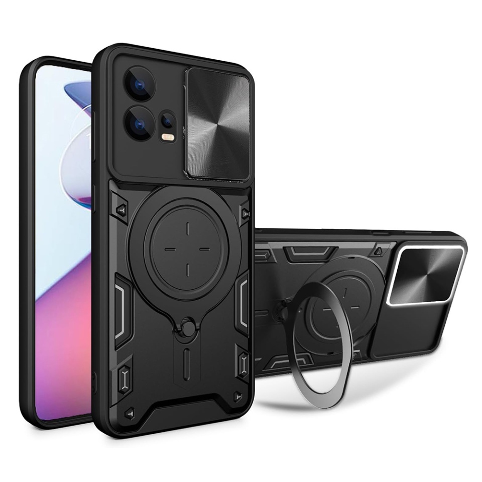 Husa pentru Motorola Moto G72, cu inel magnetic si suport ajustabil, protecție completa camera, SKDR SafeCover - Negru