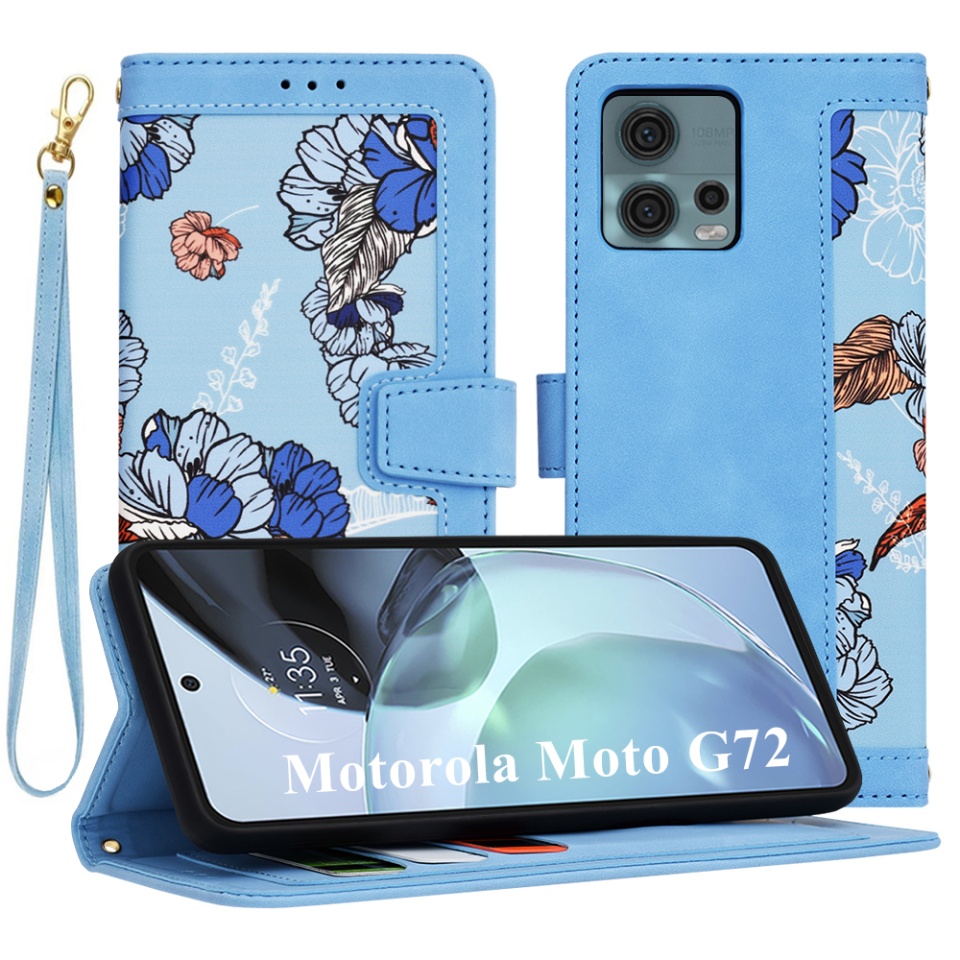 Husa pentru Motorola Moto G72 din Piele Ecologică cu Design Floral, Protecție 360°, Stand Integrat, Buzunare pentru Carduri, SKDR Floral Wallet - Bleu