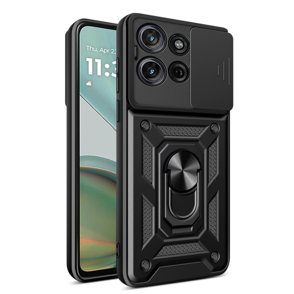 Husa pentru Motorola Moto G75, SKYDDAR INNOVATION, CamShield, Inel magnetic, set cu sticker, Negru