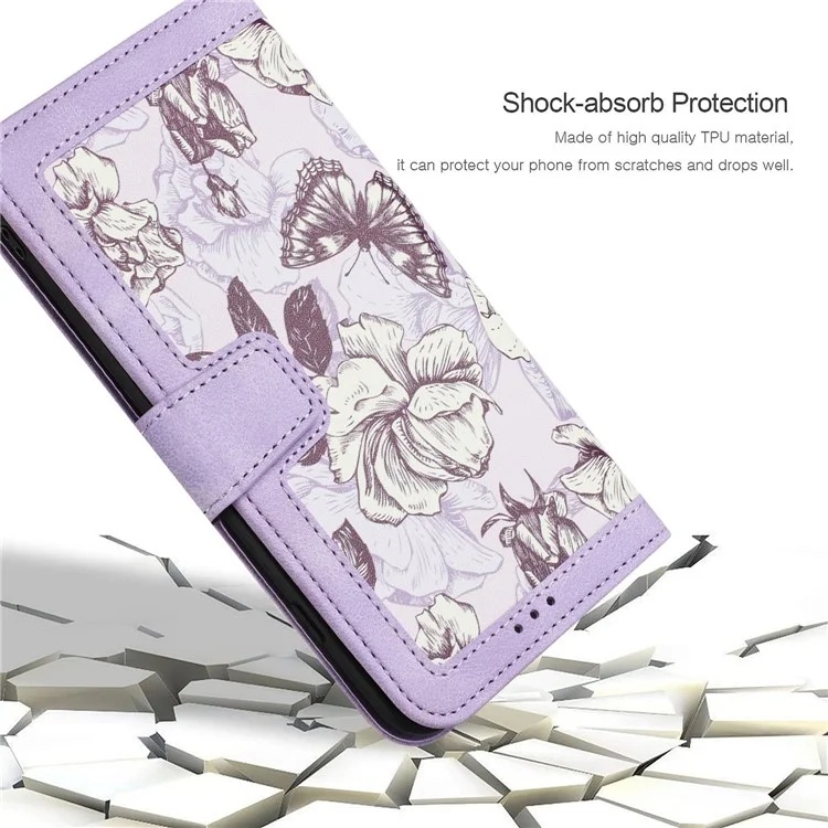 Husa pentru Motorola Moto G84 din Piele Ecologică cu Design Floral, Protecție 360°, Stand Integrat, Buzunare pentru Carduri, SKDR Floral Wallet - Mov - 3 | YEO