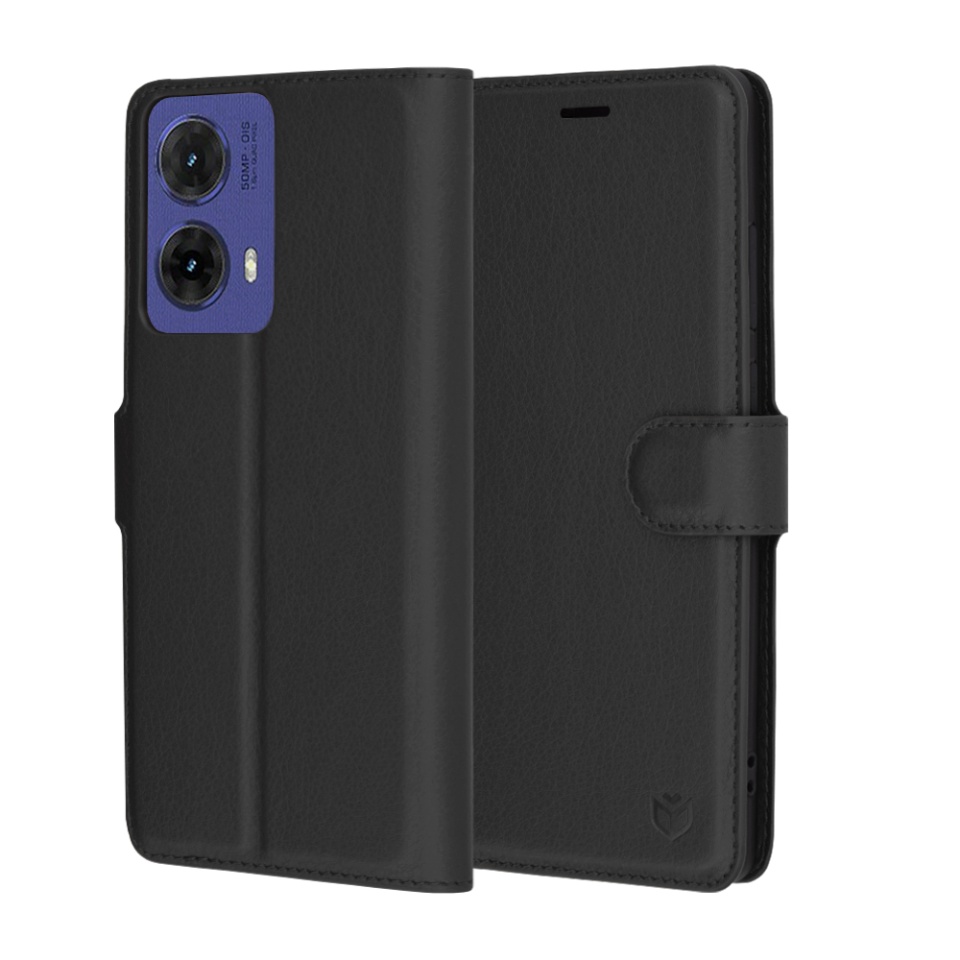 Husa pentru Motorola Moto G85, SKYDDAR INNOVATION, Leather Folio tip Carte, cu Portofel Interior, Finisaje Premium, set cu sticker, Negru