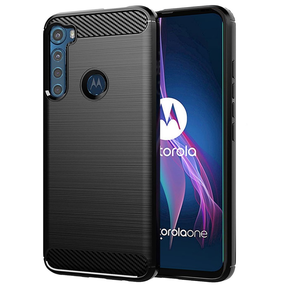 Husa pentru Motorola One Fusion Plus, SKYDDAR INNOVATION, Carbon Silicone, din Silicon Slim, cu textura Fibra Carbon, set cu sticker, Negru