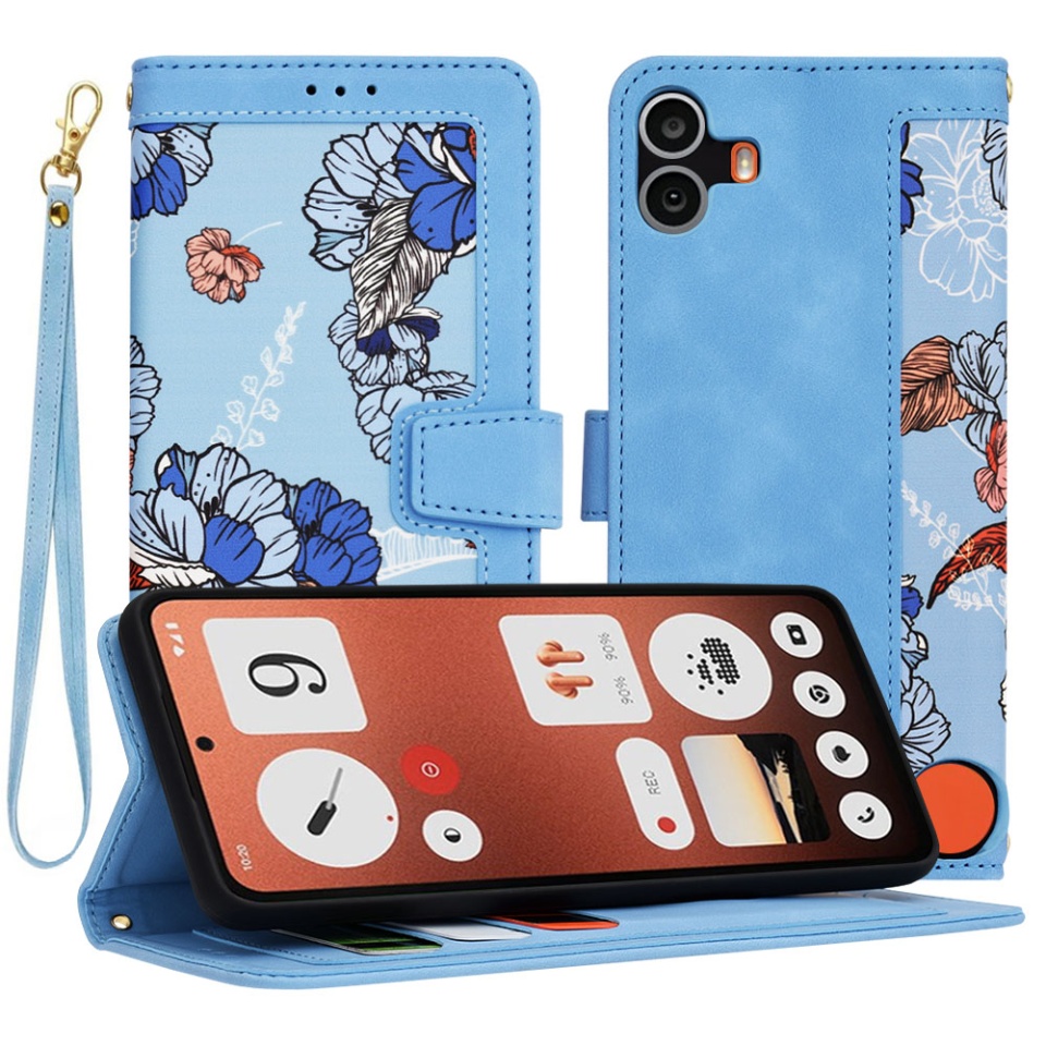 Husa pentru Nothing CMF Phone 1 din Piele Ecologică cu Design Floral, Protecție 360°, Stand Integrat, Buzunare pentru Carduri, SKDR Floral Wallet - Bleu
