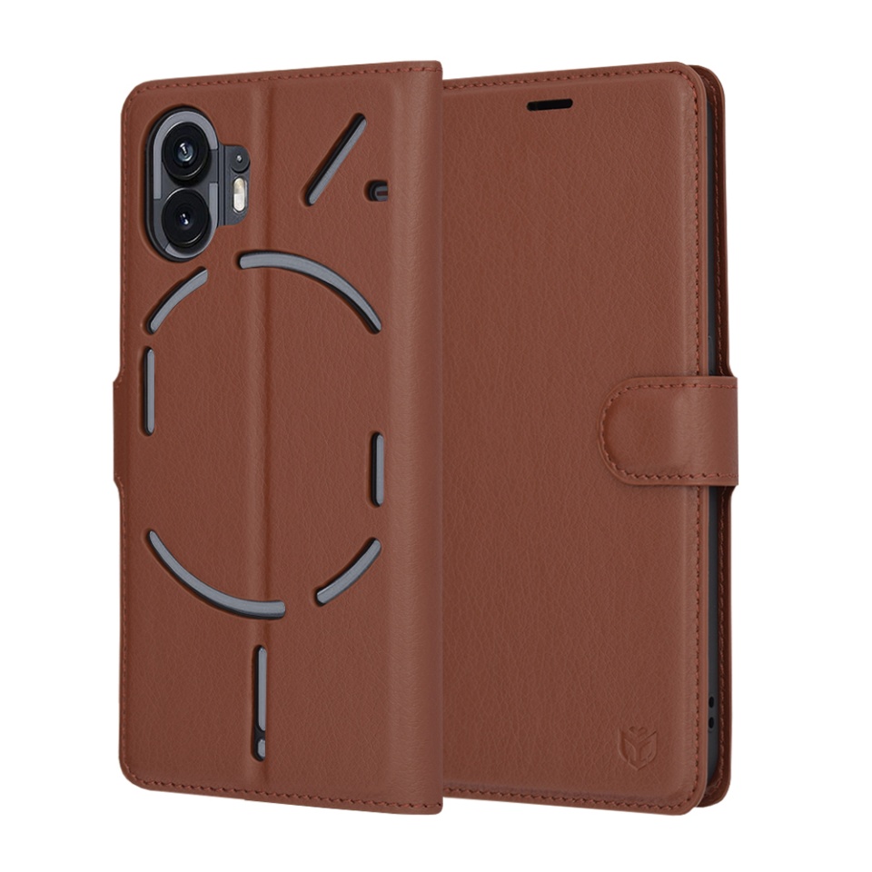 Husa pentru Nothing Phone (2), SKYDDAR INNOVATION, Leather Folio tip Carte, cu Portofel Interior, Finisaje Premium, set cu sticker, Maro