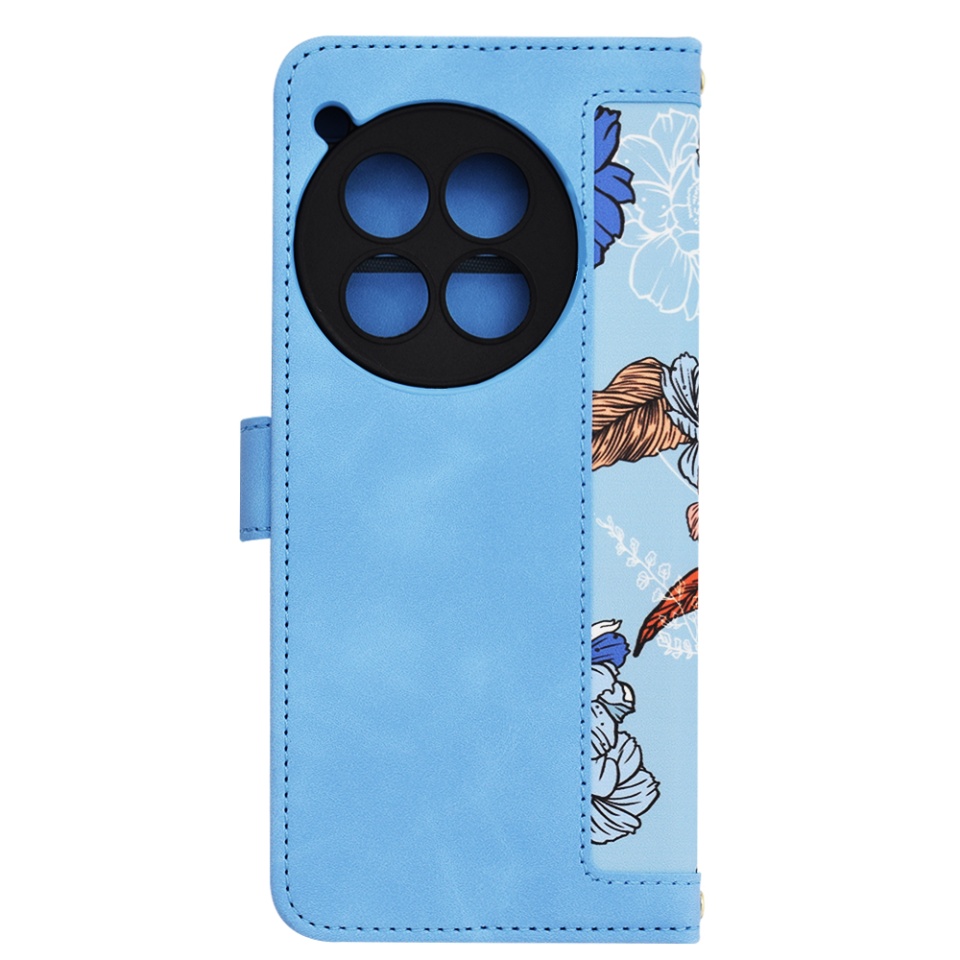 Husa pentru OnePlus 12 din Piele Ecologică cu Design Floral, Protecție 360°, Stand Integrat, Buzunare pentru Carduri, SKDR Floral Wallet - Bleu - 2 | YEO
