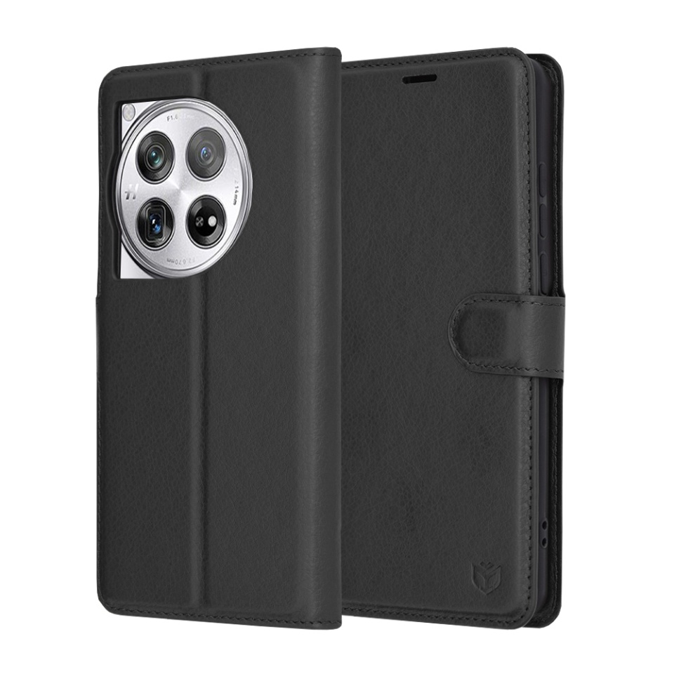 Husa pentru OnePlus 12, SKYDDAR INNOVATION, Leather Folio tip Carte, cu Portofel Interior, Finisaje Premium, set cu sticker, Negru