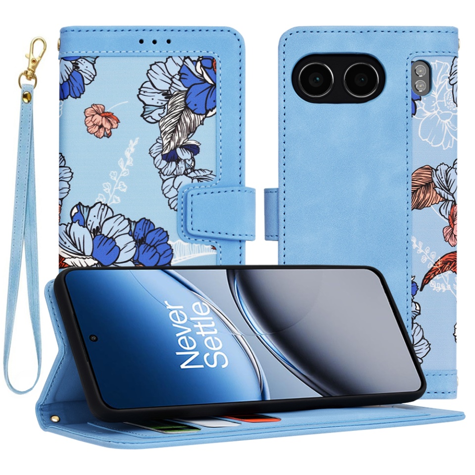 Husa pentru OnePlus Nord 4 din Piele Ecologică cu Design Floral, Protecție 360°, Stand Integrat, Buzunare pentru Carduri, SKDR Floral Wallet - Bleu
