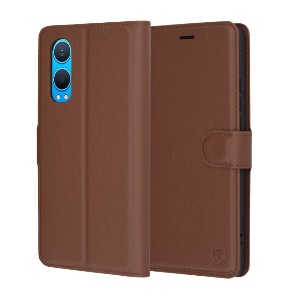 Husa pentru OnePlus Nord CE4 Lite, SKYDDAR INNOVATION, Leather Folio tip Carte, cu Portofel Interior, Finisaje Premium, set cu sticker, Maro