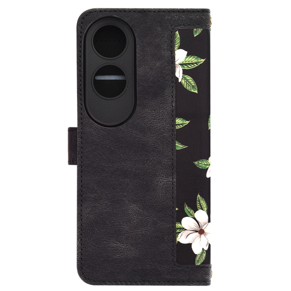 Husa pentru Oppo A60 din Piele Ecologică cu Design Floral, Protecție 360°, Stand Integrat, Buzunare pentru Carduri, SKDR Floral Wallet - Negru - 2 | YEO