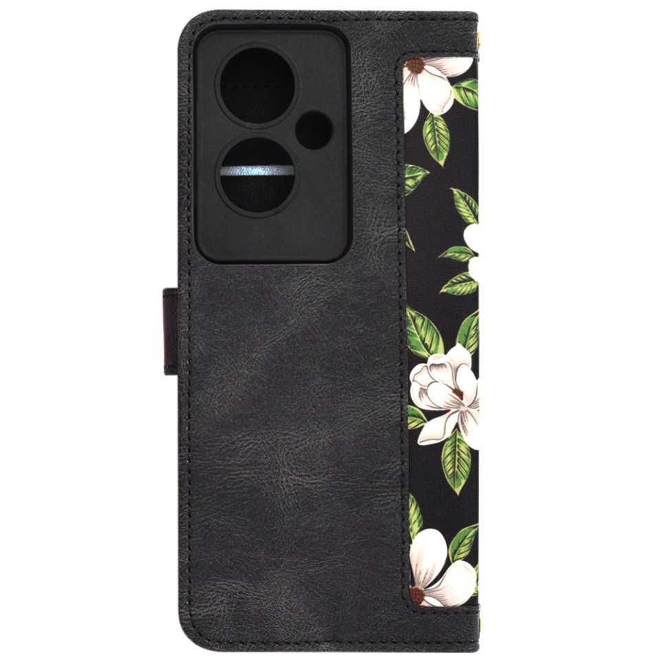Husa pentru Oppo A79 5G / OnePlus Nord N30 SE din Piele Ecologică cu Design Floral, Protecție 360°, Stand Integrat, Buzunare pentru Carduri, SKDR Floral Wallet - Negru - 3 | YEO