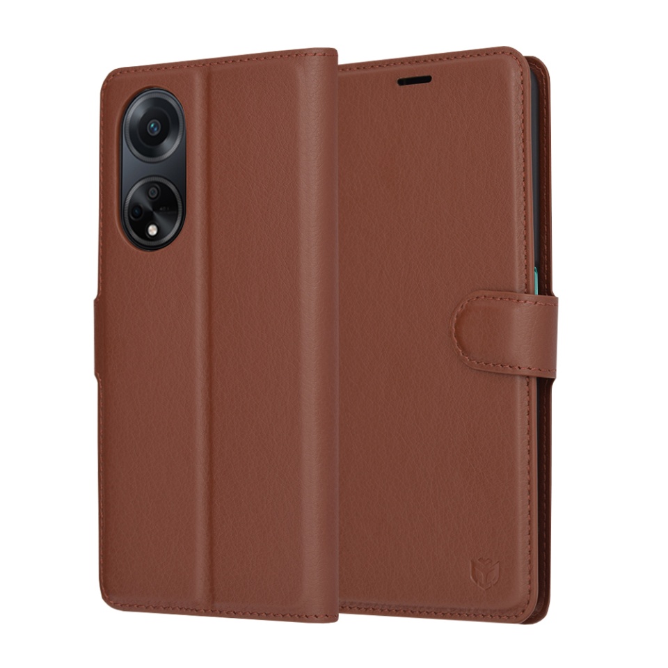 Husa pentru Oppo A98 5G, SKYDDAR INNOVATION, Leather Folio tip Carte, cu Portofel Interior, Finisaje Premium, set cu sticker, Maro