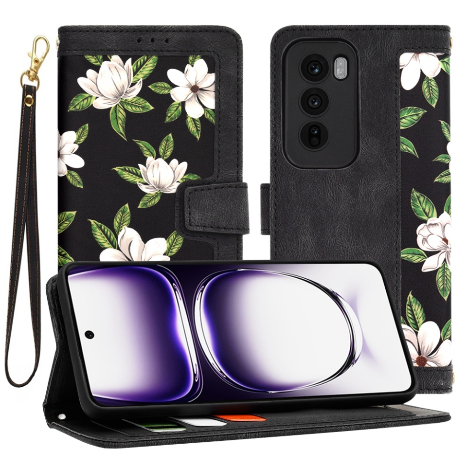 Husa pentru Oppo Reno12 din Piele Ecologică cu Design Floral, Protecție 360°, Stand Integrat, Buzunare pentru Carduri, SKDR Floral Wallet - Negru