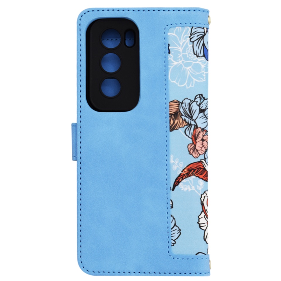 Husa pentru Oppo Reno12 Pro din Piele Ecologică cu Design Floral, Protecție 360°, Stand Integrat, Buzunare pentru Carduri, SKDR Floral Wallet - Bleu - 2 | YEO