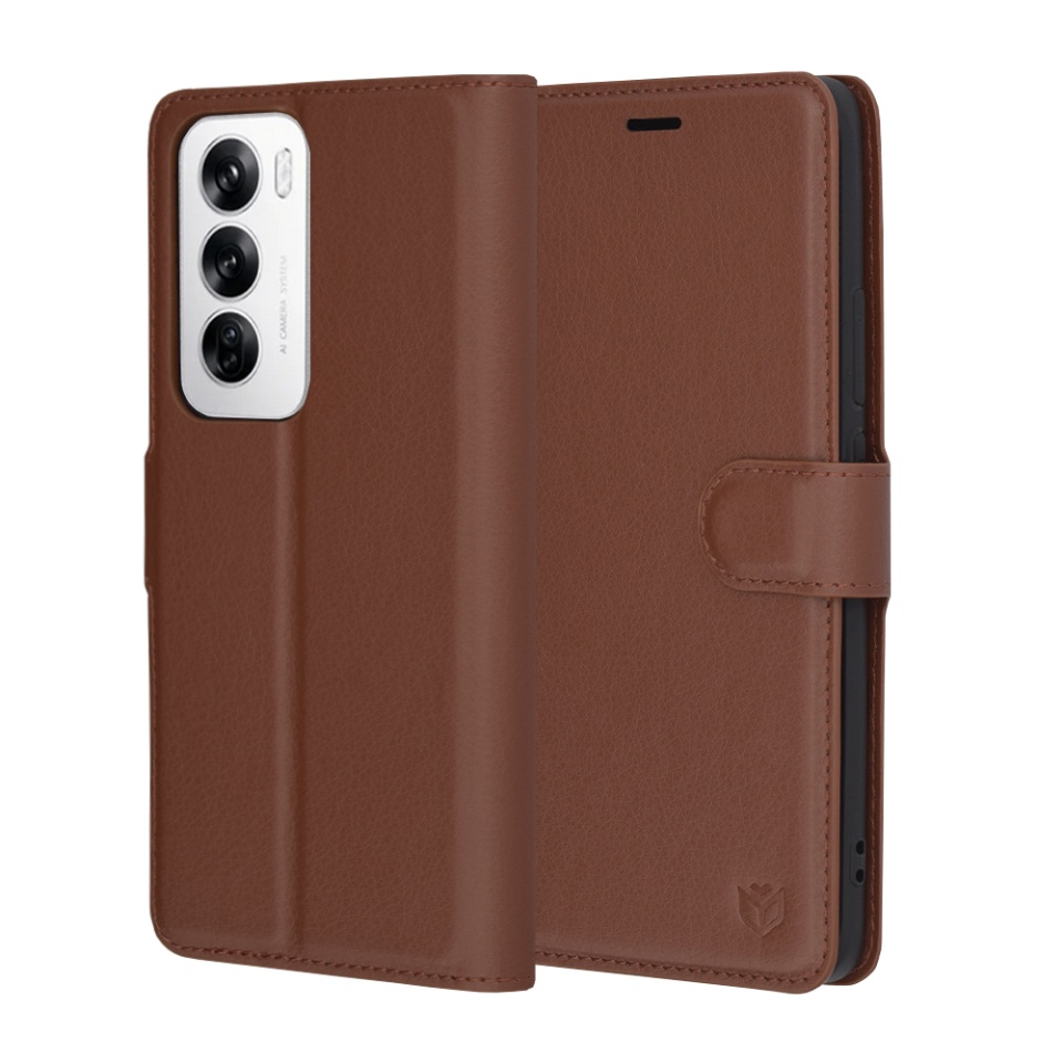 Husa pentru Oppo Reno12, SKYDDAR INNOVATION, Leather Folio tip Carte, cu Portofel Interior, Finisaje Premium, set cu sticker, Maro