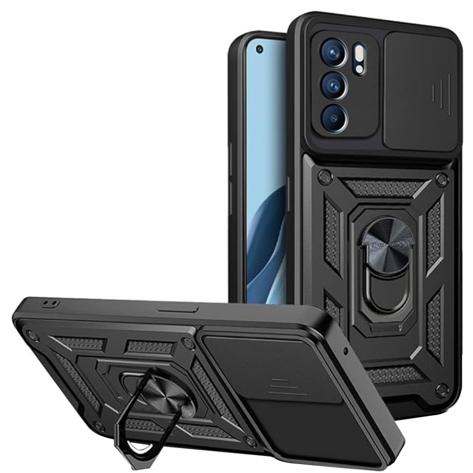 Husa pentru Oppo Reno6 5G, SKYDDAR INNOVATION, CamShield, Inel magnetic, set cu sticker, Negru