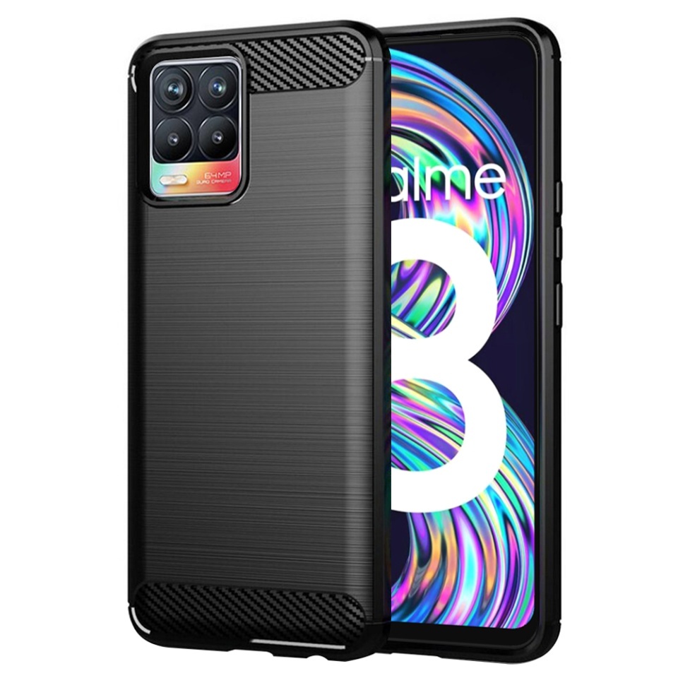 Husa pentru Realme 8 4G / 8 Pro, SKYDDAR INNOVATION, Carbon Silicone, din Silicon Slim, cu textura Fibra Carbon, set cu sticker, Negru