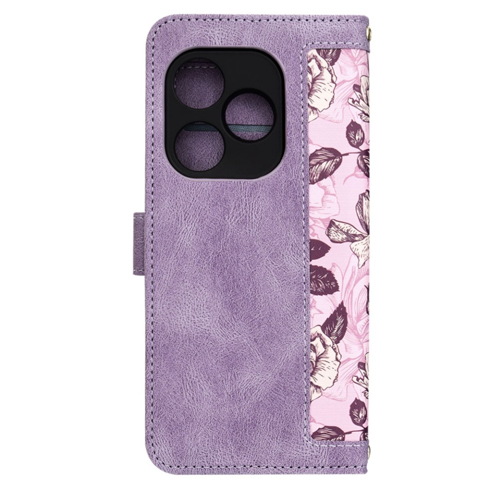 Husa pentru Realme GT 6 / GT 6T din Piele Ecologică cu Design Floral, Protecție 360°, Stand Integrat, Buzunare pentru Carduri, SKDR Floral Wallet - Mov - 3 | YEO