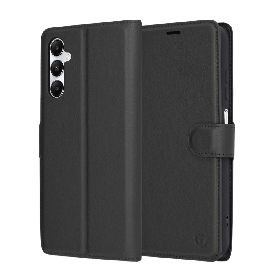 Husa pentru Samsung Galaxy A05s, SKYDDAR INNOVATION, Leather Folio tip Carte, cu Portofel Interior, Finisaje Premium, set cu sticker, Negru