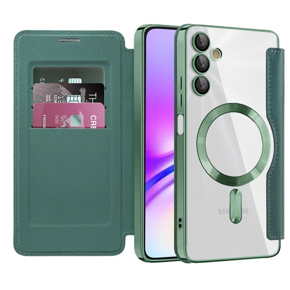 Husa pentru Samsung Galaxy A05s tip carte, SKYDDAR INOVATION, SmartMag Book, Magsafe, RFiD, Suport Carduri, set cu sticker, Verde