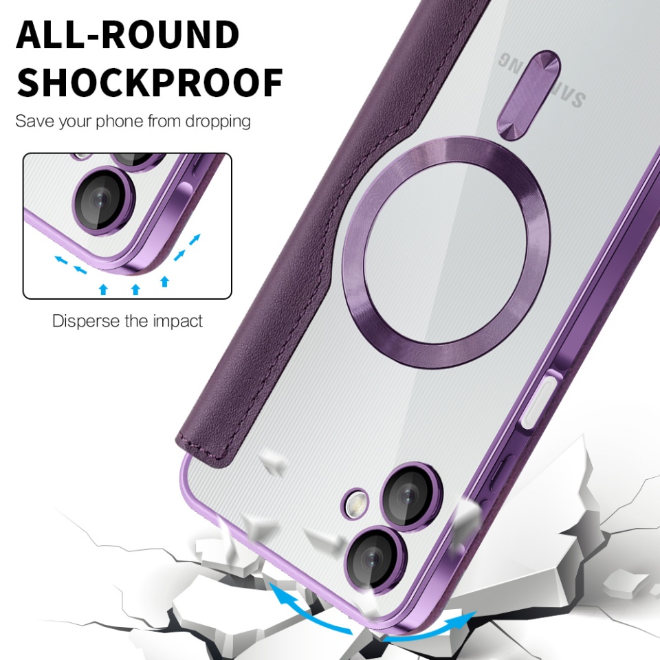 Husa pentru Samsung Galaxy A06 tip carte, SKYDDAR INOVATION, SmartMag Book, Magsafe, RFiD, Suport Carduri, set cu sticker, Mov - 3 | YEO