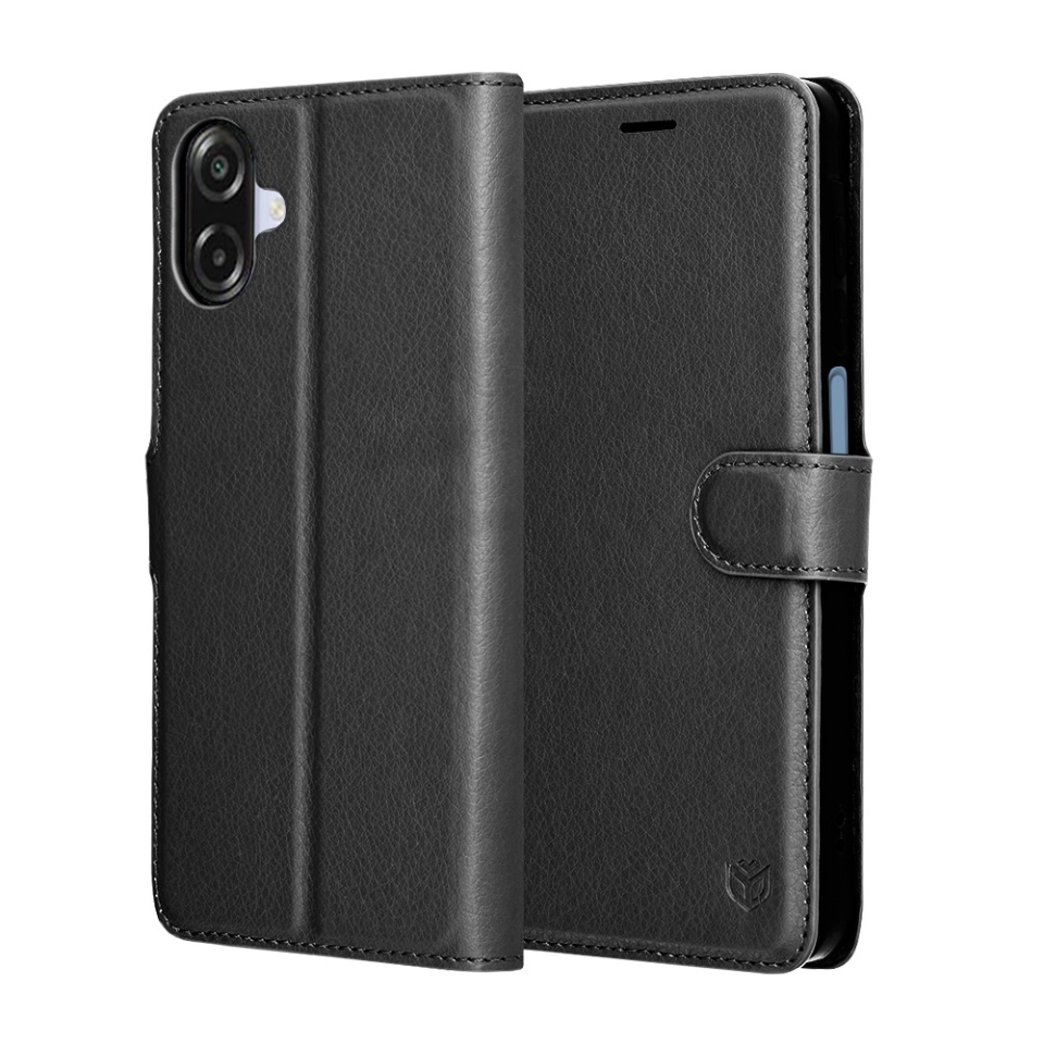 Husa pentru Samsung Galaxy A07 4G, SKYDDAR INNOVATION, Leather Folio tip Carte, cu Portofel Interior, Finisaje Premium, set cu sticker, Negru