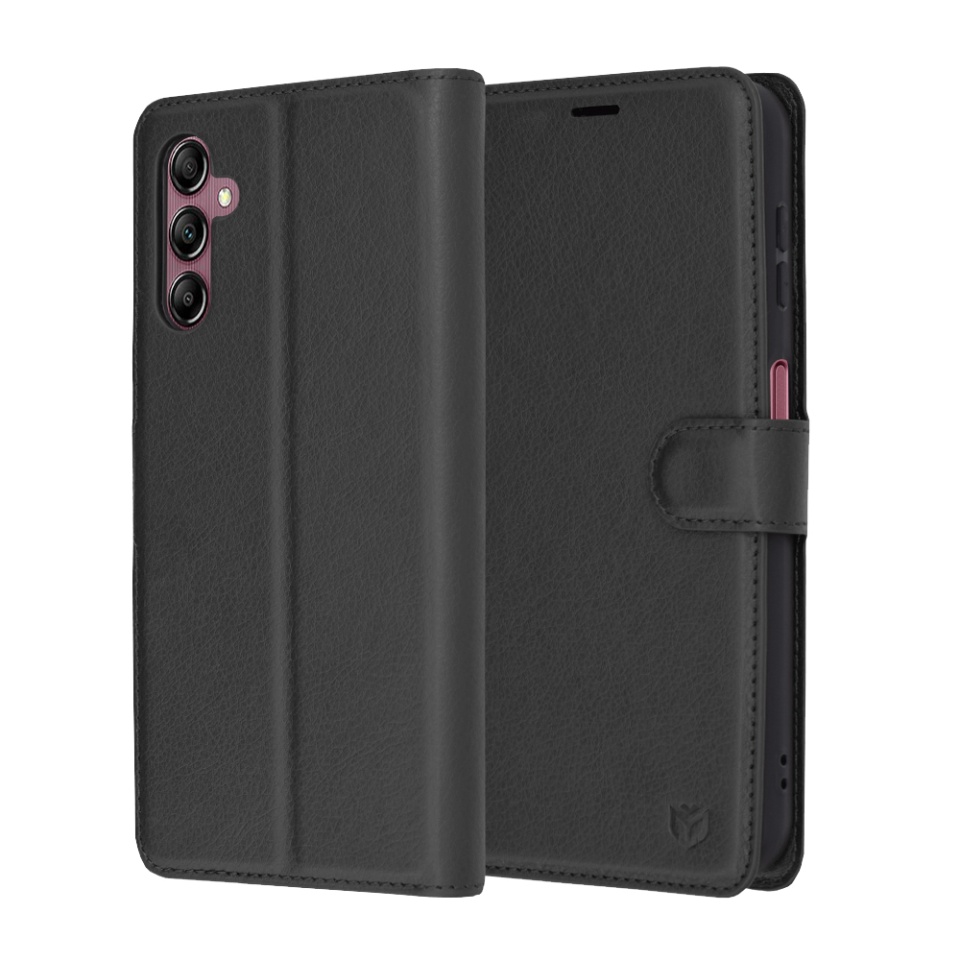 Husa pentru Samsung Galaxy A14 5G / Galaxy A14 4G, SKYDDAR INNOVATION, Leather Folio tip Carte, cu Portofel Interior, Finisaje Premium, set cu sticker, Negru