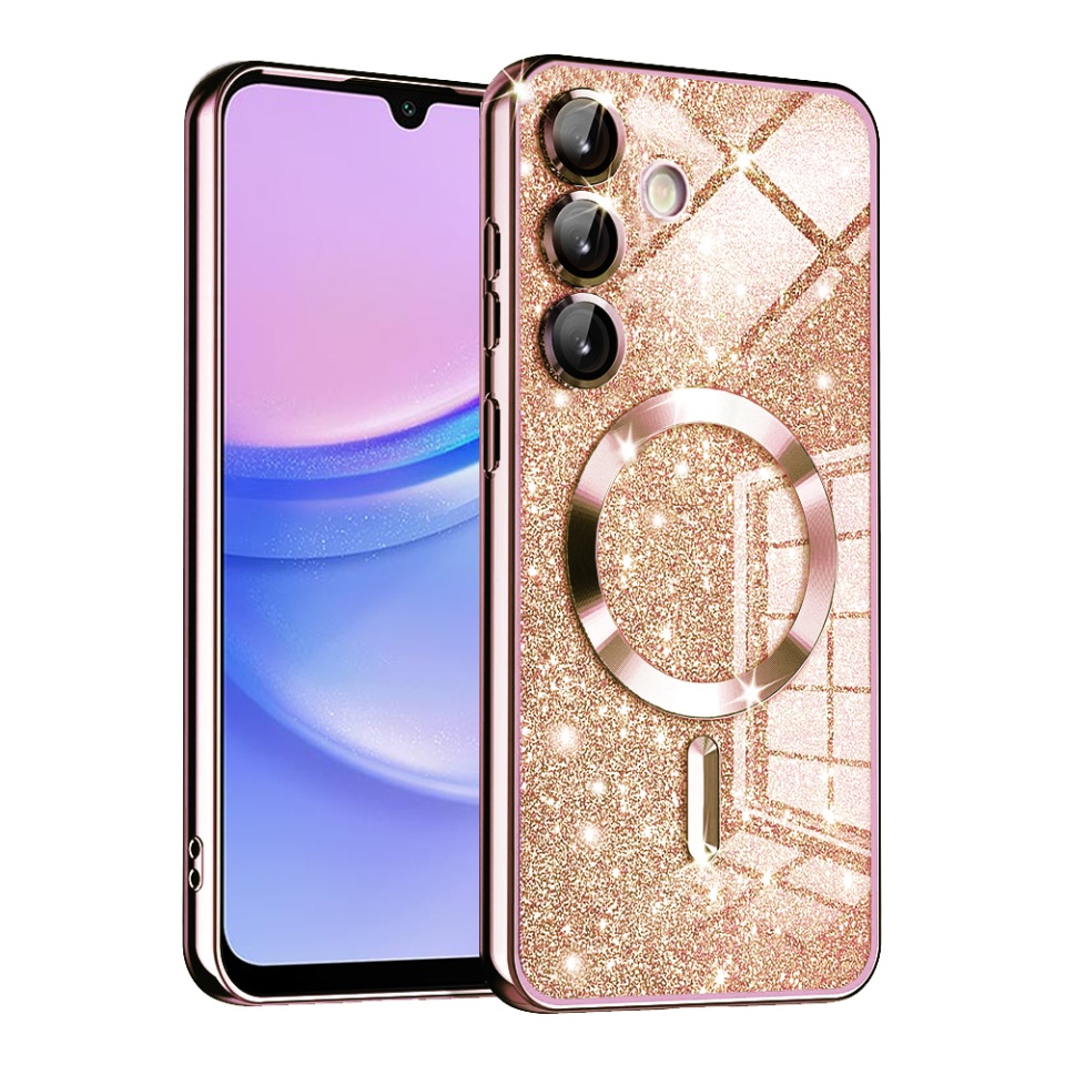 Husa pentru Samsung Galaxy A15 4G / Galaxy A15 5G, SKYDDAR INNOVATION, Luxury Glitter Magsafe, Antisoc, Fundal Detasabil 2-in-1, Margini Ridicate, set cu sticker, Roz auriu