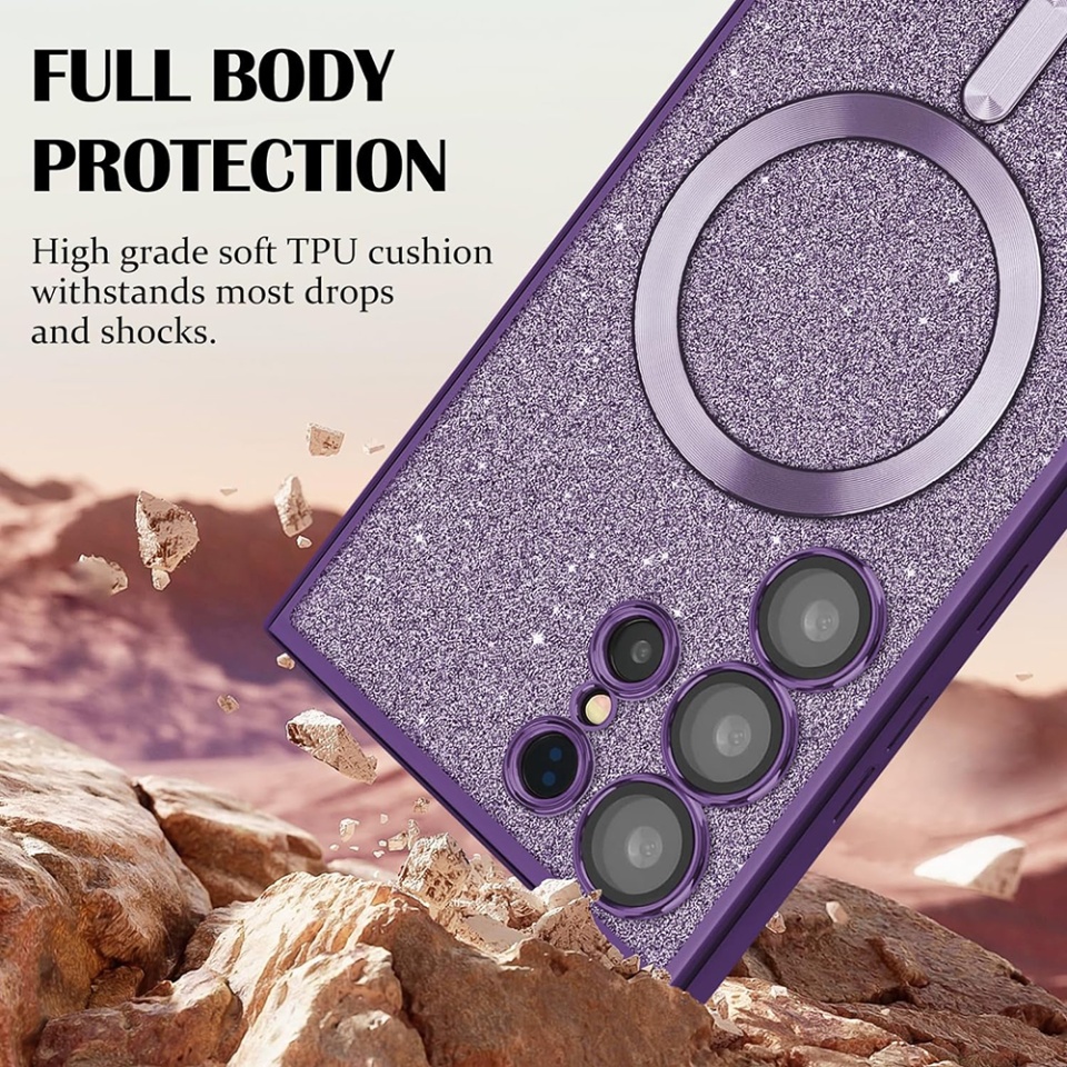 Husa pentru Samsung Galaxy A15 4G / Galaxy A15 5G, SKYDDAR INNOVATION, Luxury Glitter Magsafe, Antisoc, Fundal Detasabil 2-in-1, Margini Ridicate, set cu sticker, Mov deschis - 5