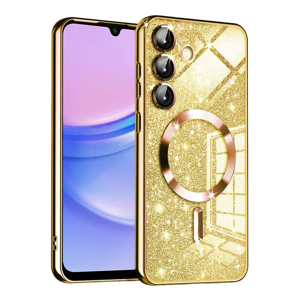 Husa pentru Samsung Galaxy A15 4G / Galaxy A15 5G, SKYDDAR INNOVATION, Luxury Glitter Magsafe, Antisoc, Fundal Detasabil 2-in-1, Margini Ridicate, set cu sticker, Auriu